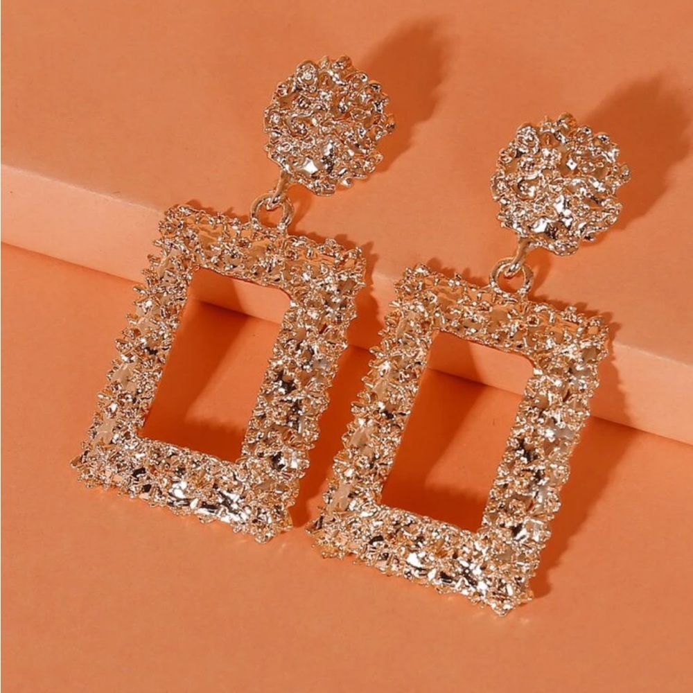 Gold Textured Rectangle Drop Earrings - Women Jewelry Earrings